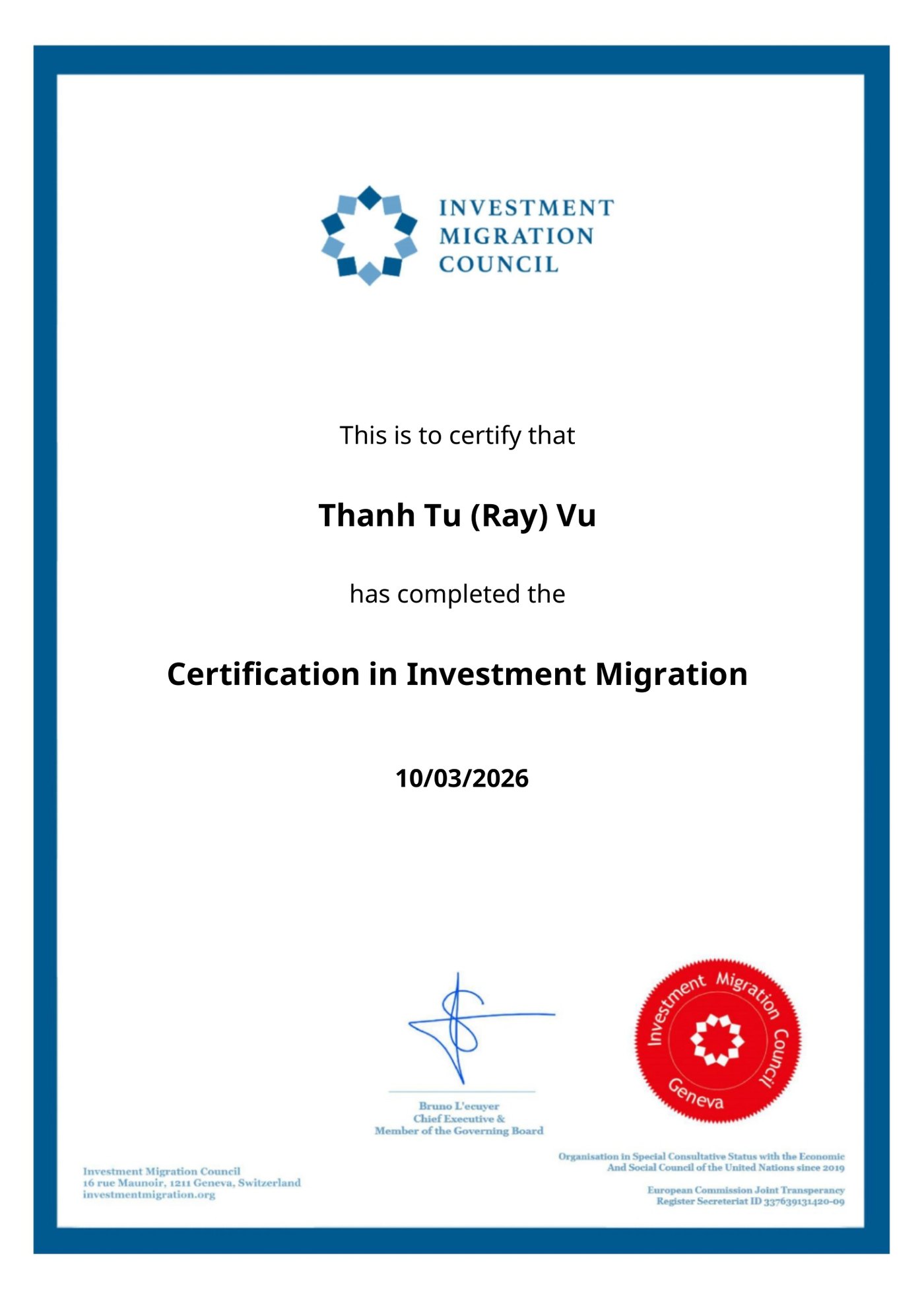 IMC Certification in Investment Migration — Thanh Tu (Ray) Vu, Geneva 2026